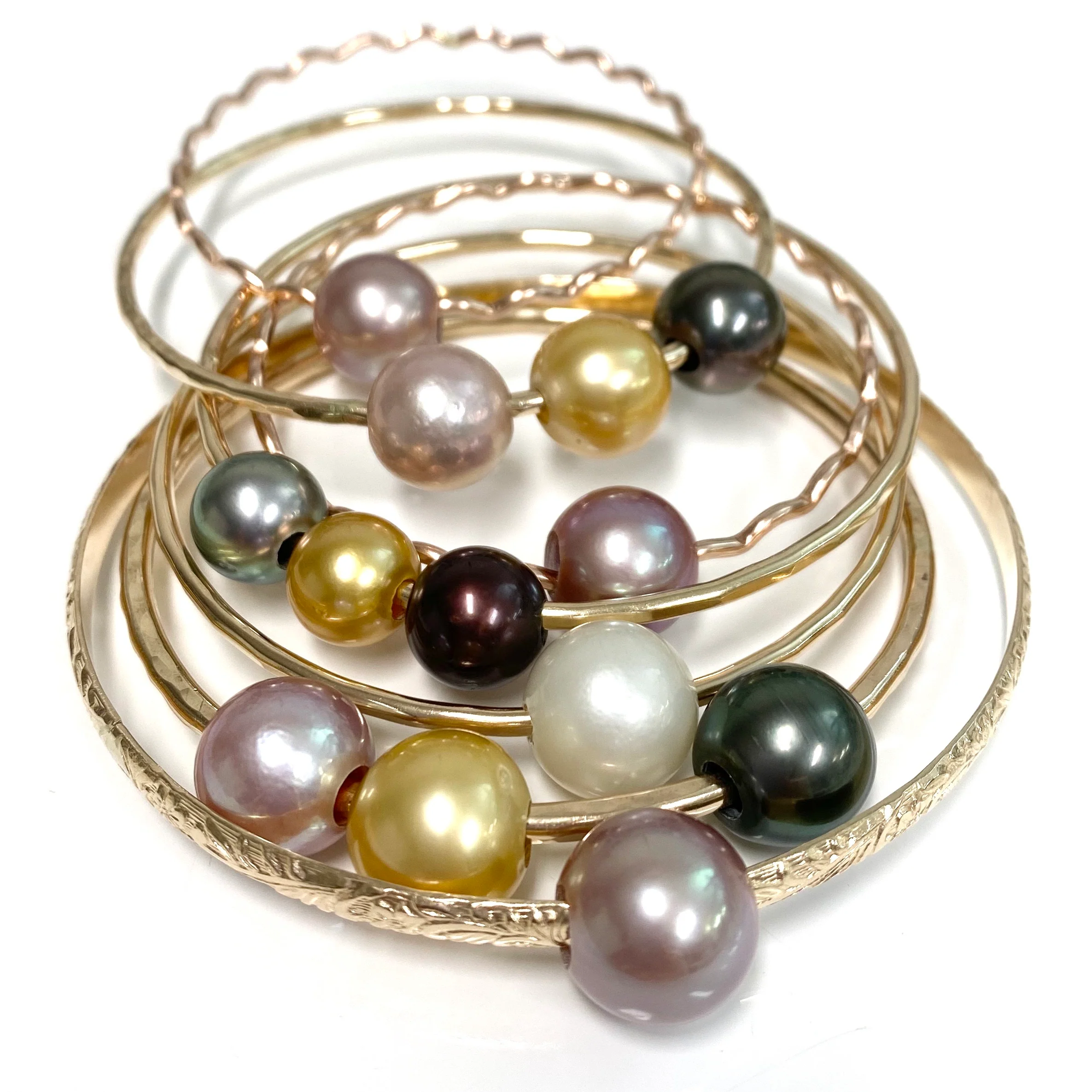 Bangle PAIGE - 11-12mm gold south sea , pink Edison and Tahitian pearl (B460) - Mitchell's Manufacturing Jewel