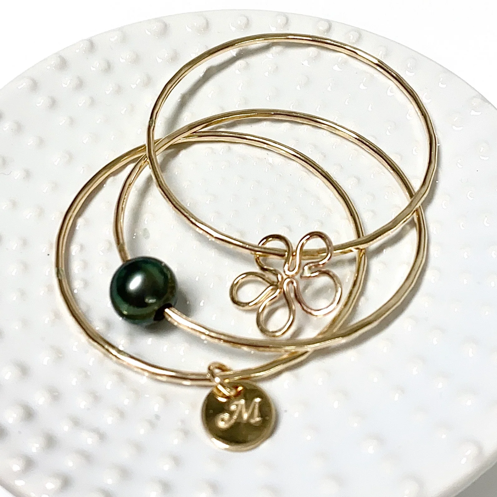PUA bangles set - baby plumeria & tahitian pearl (B419) - Mitchell's Manufacturing Jewel