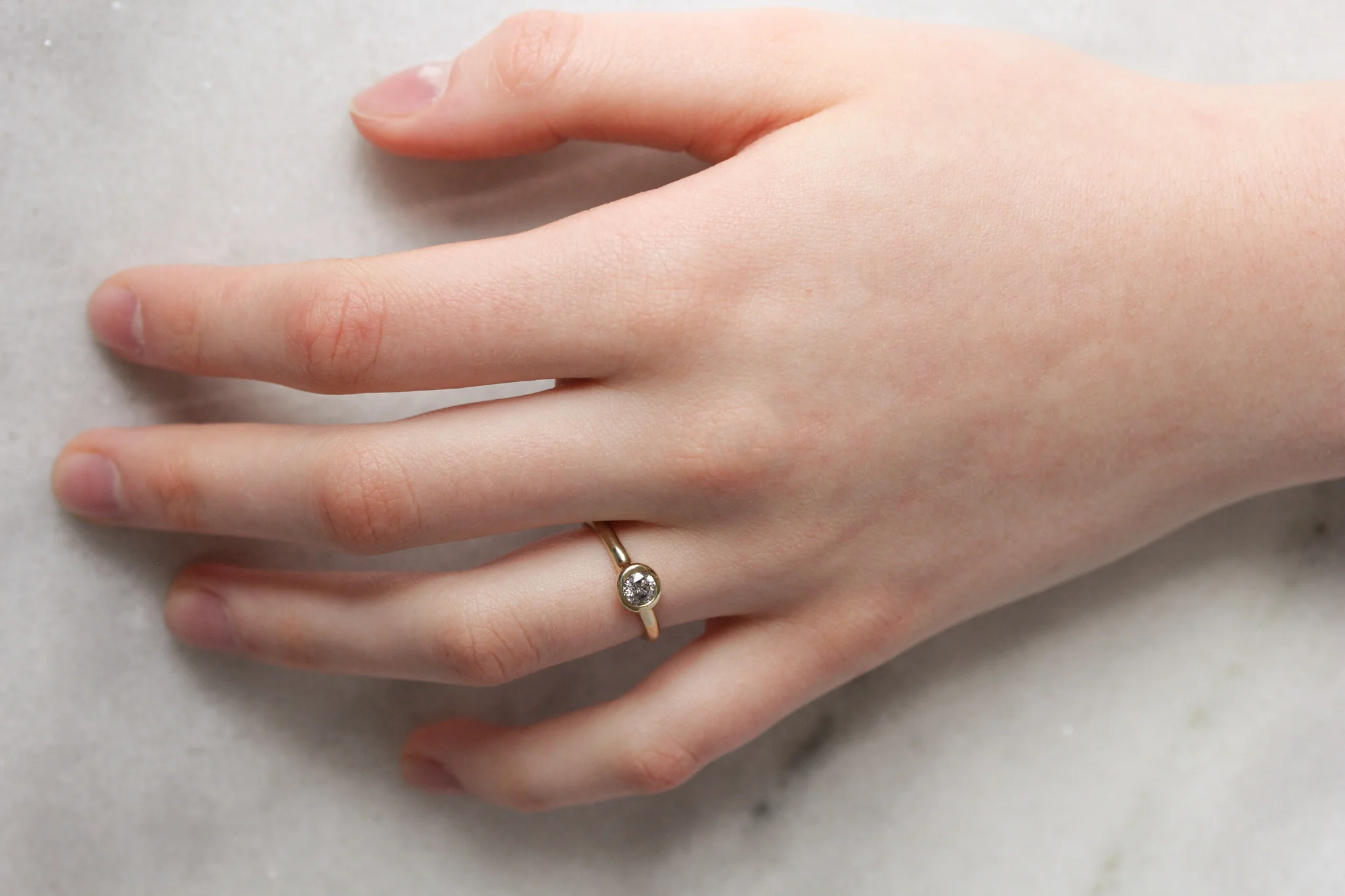 The Hera Ring: A 14k Gold Hand-Carved Salt and Pepper Diamond Solitaire - Mitchell's Manufacturing Jewel