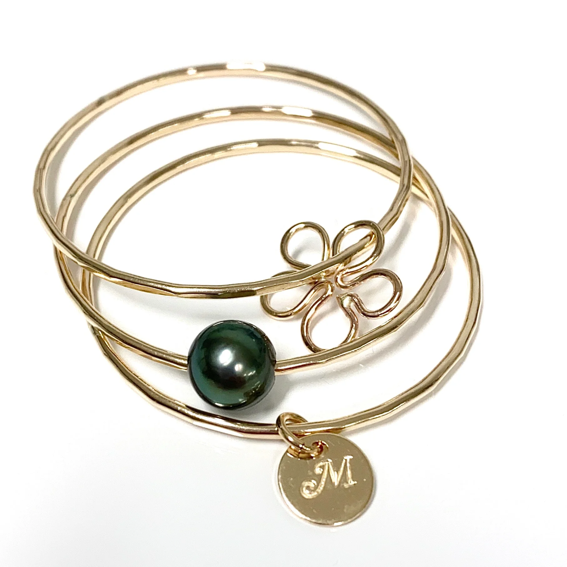 PUA bangles set - baby plumeria & tahitian pearl (B419) - Mitchell's Manufacturing Jewel