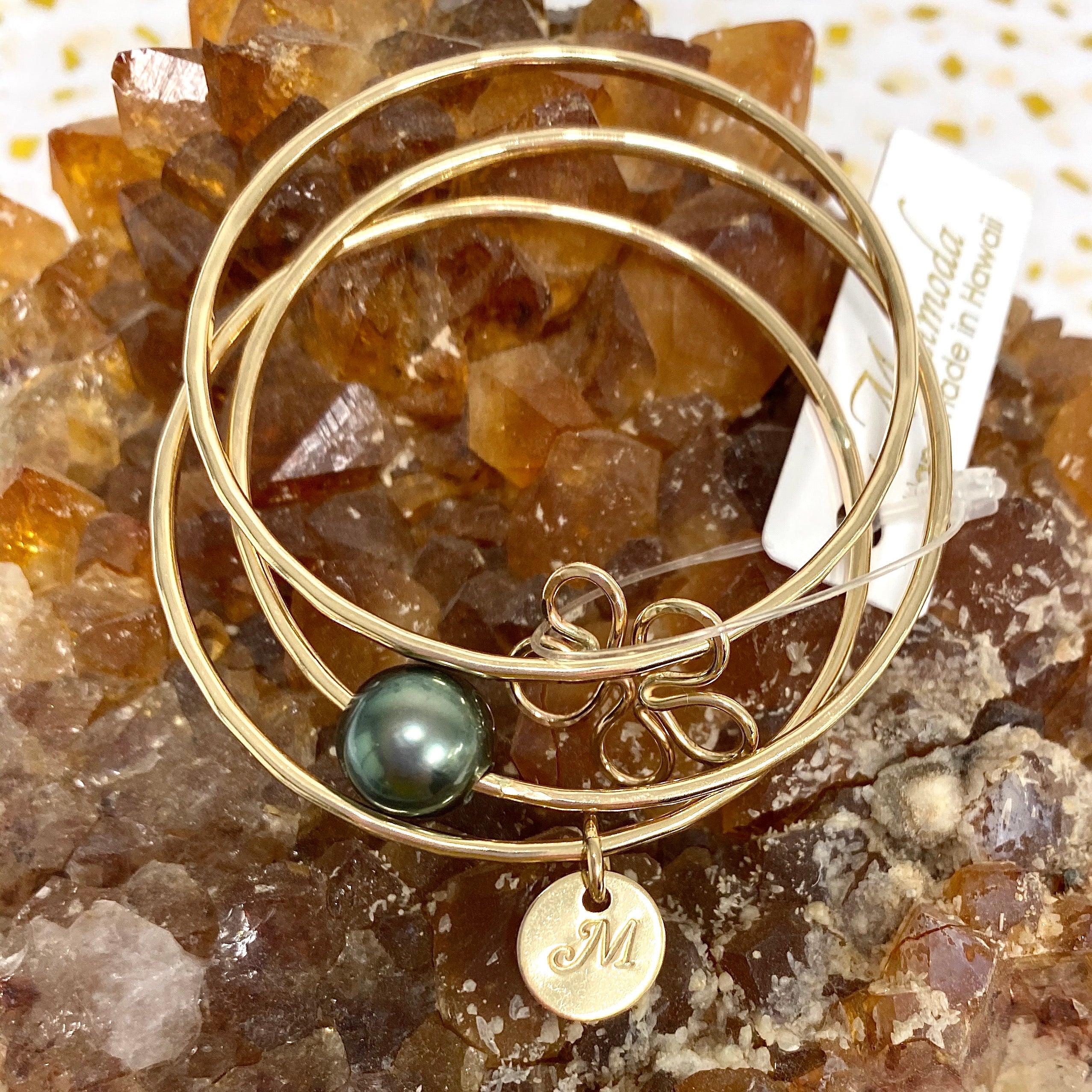 PUA bangles set - baby plumeria & tahitian pearl (B419) - Mitchell's Manufacturing Jewel