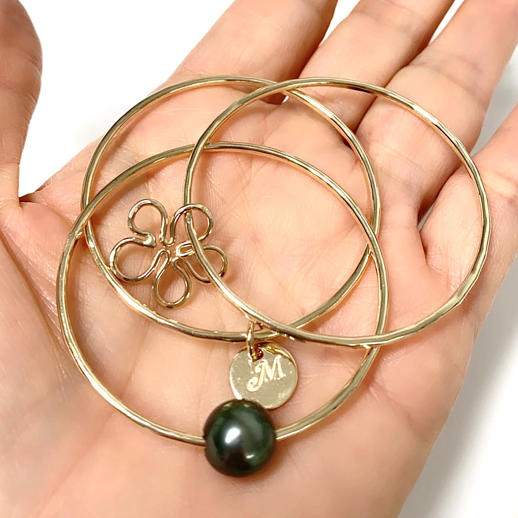 PUA bangles set - baby plumeria & tahitian pearl (B419) - Mitchell's Manufacturing Jewel