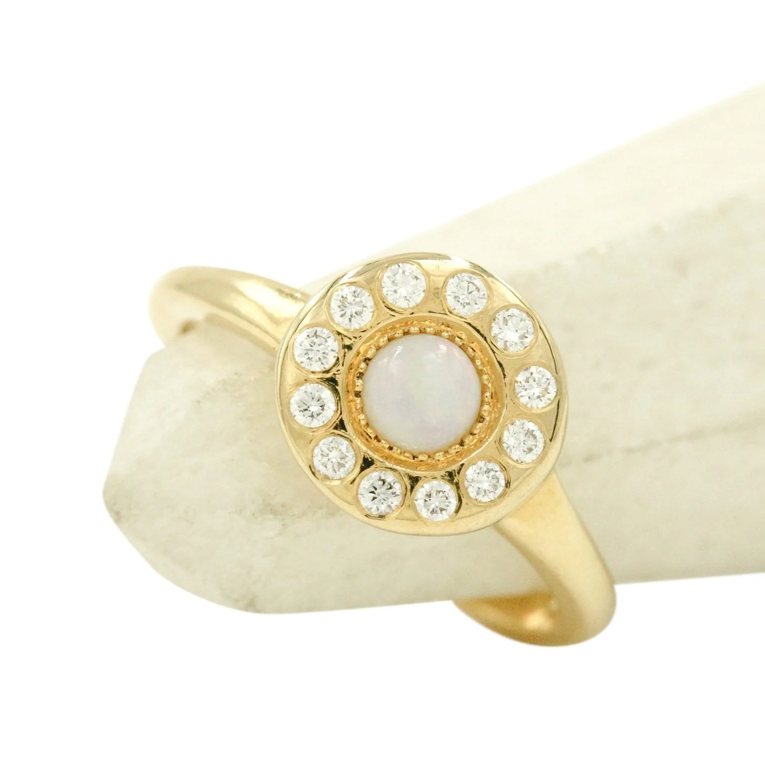 The Gala Ring: A 14k Gold Opal and Diamond Halo - Mitchell's Manufacturing Jewel