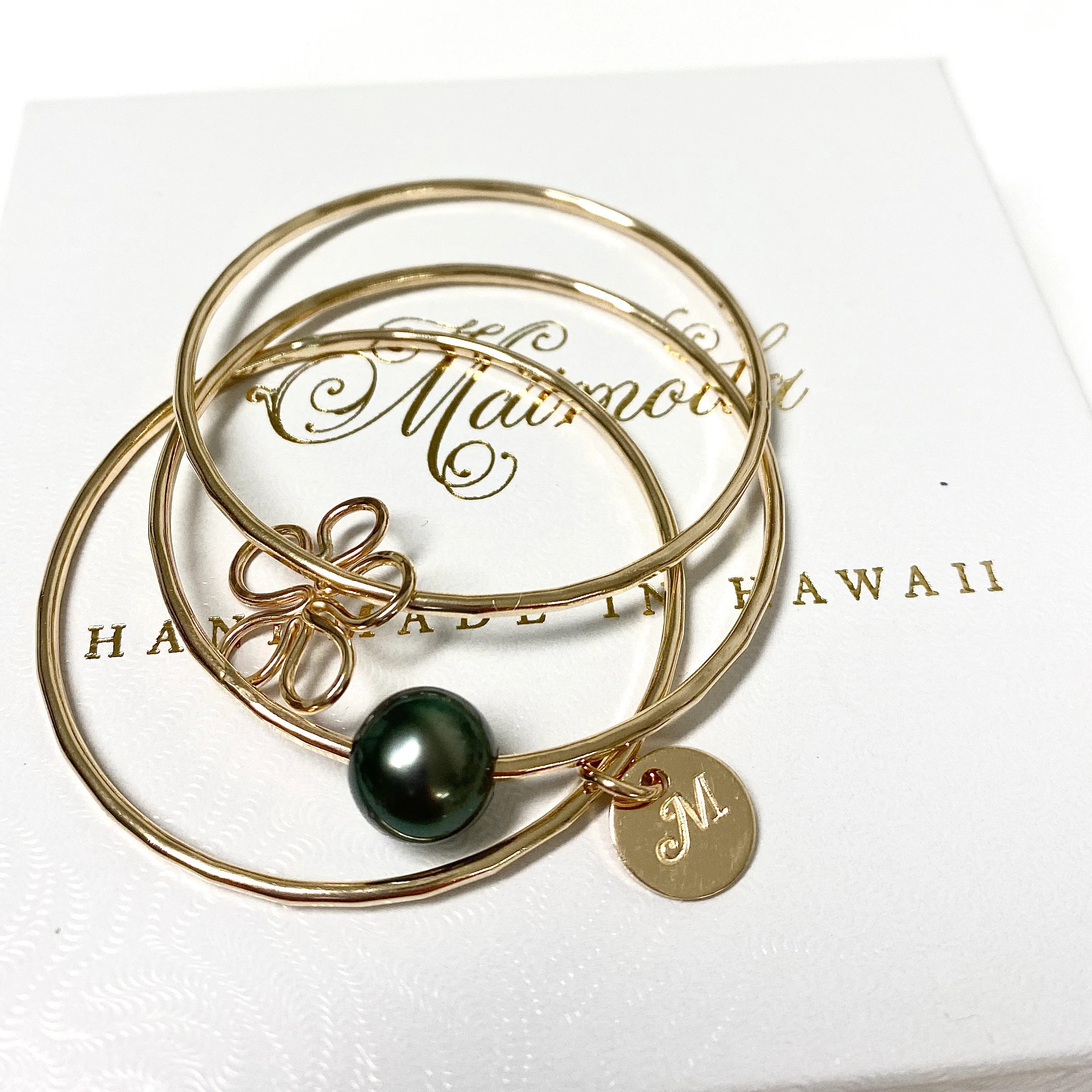 PUA bangles set - baby plumeria & tahitian pearl (B419) - Mitchell's Manufacturing Jewel