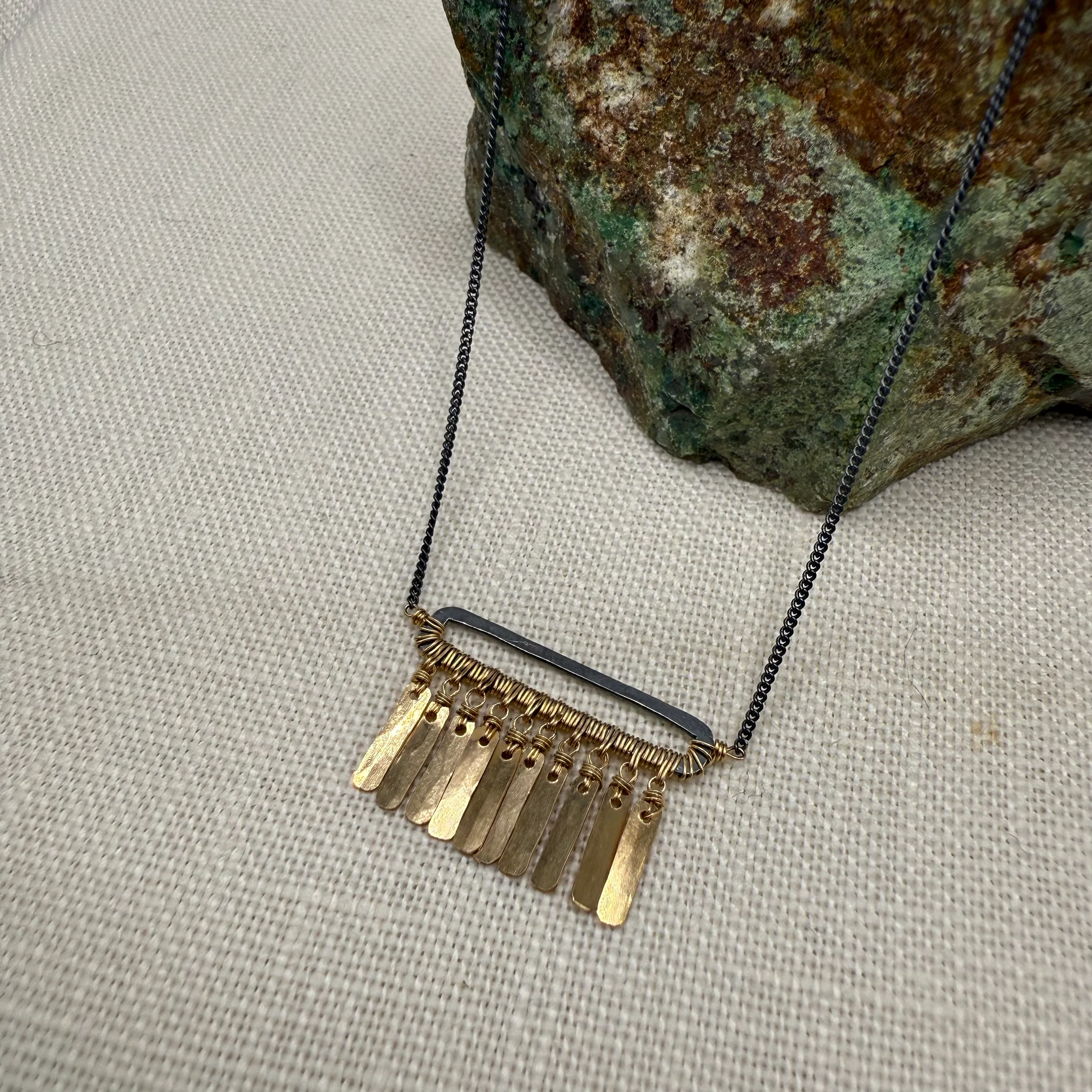 Oxidized Open Bar with Gold Fringe Necklace - Mitchell's Manufacturing Jewel