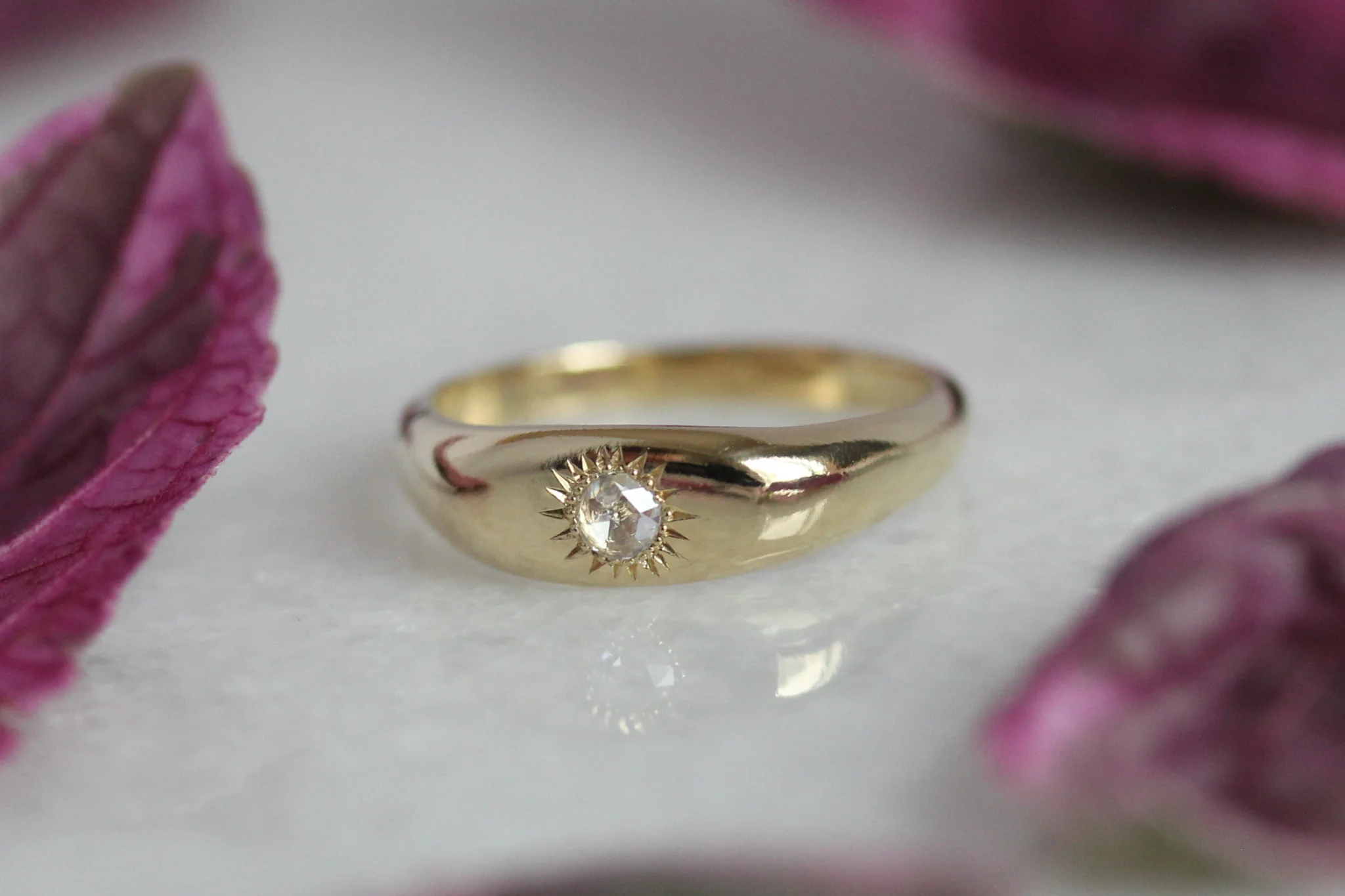 Sunflower Signet Rose Cut Diamond 14k Gold Ring - Mitchell's Manufacturing Jewel