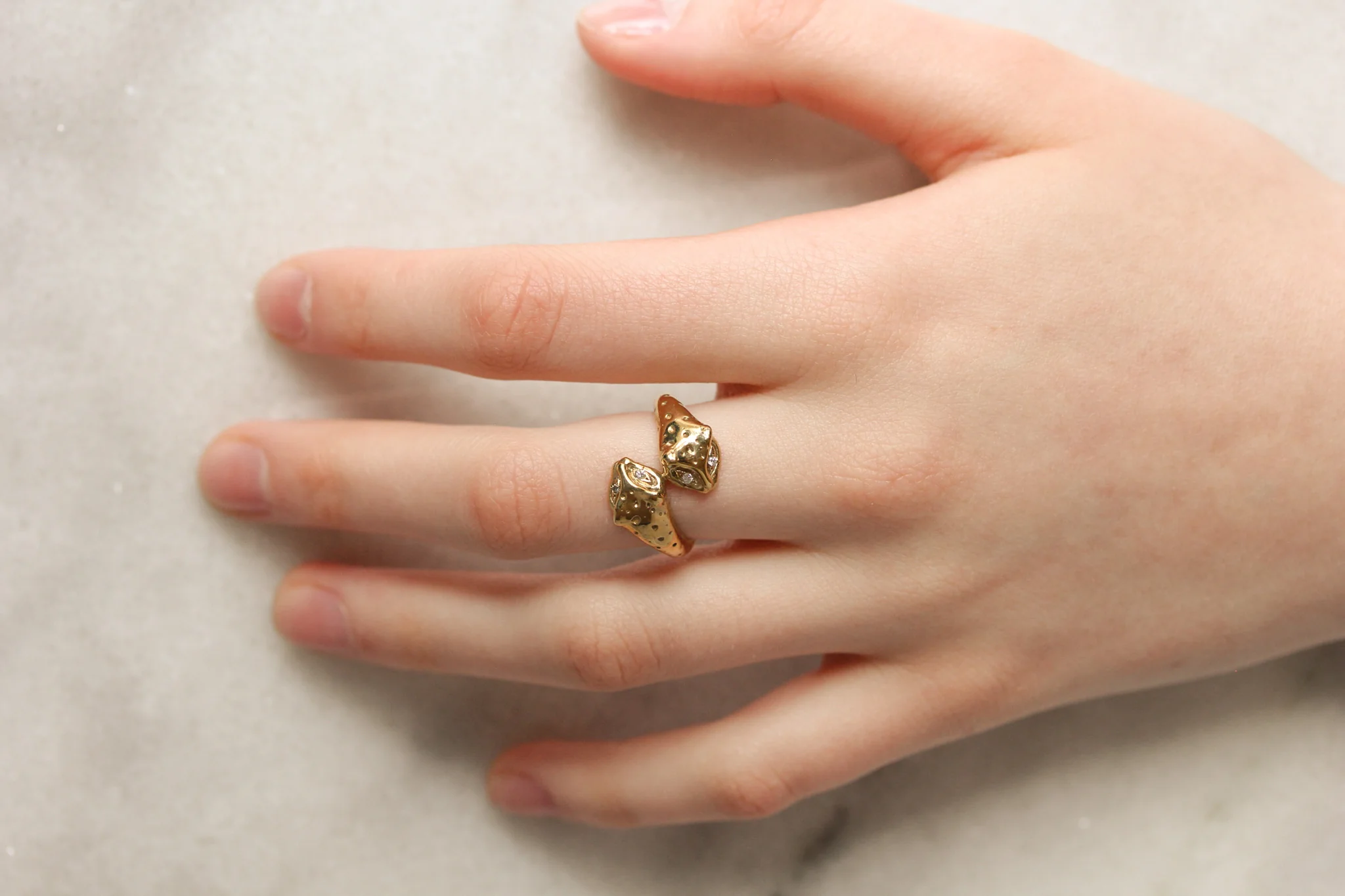 Double Headed Jaguar 14k Gold Ring with Diamond Eyes - Mitchell's Manufacturing Jewel